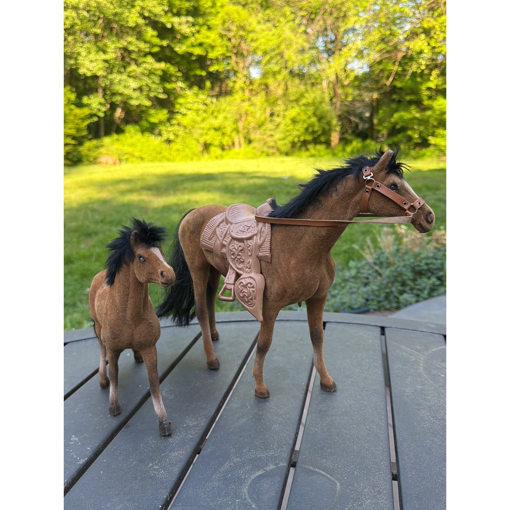 Vintage Flocked Horse and Foal Set Brown Fuzzy Mare with Saddle and Bridle Toy‎
